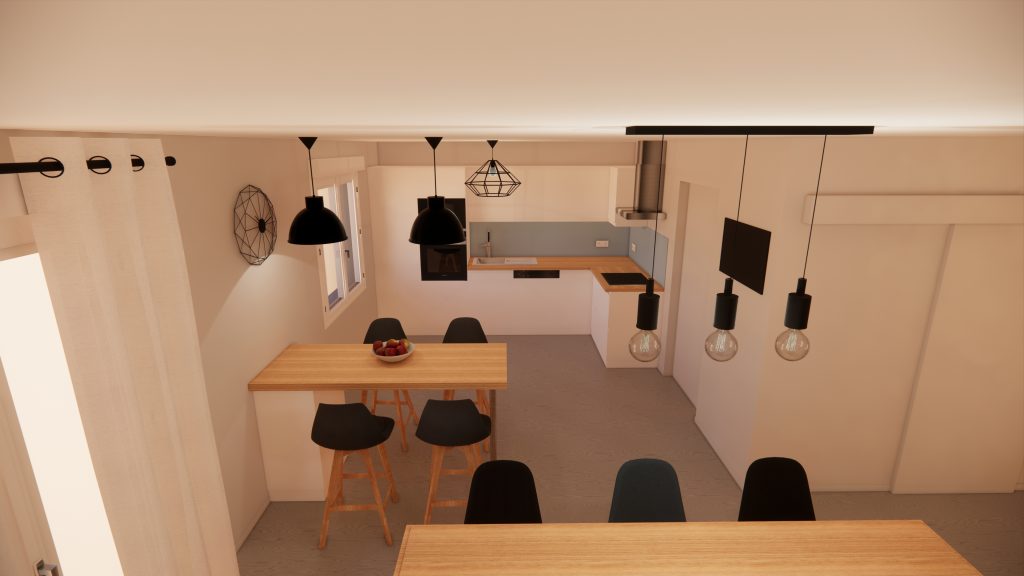 C'est un rendu 3D réaliste d'une cuisine scandinave