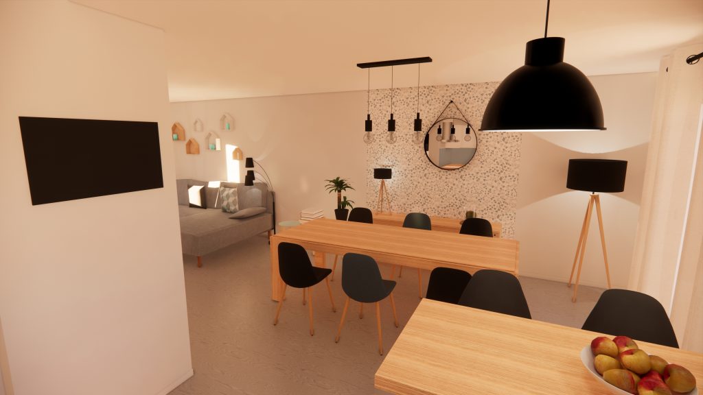 C'est un rendu 3D réaliste d'une salle à manger
